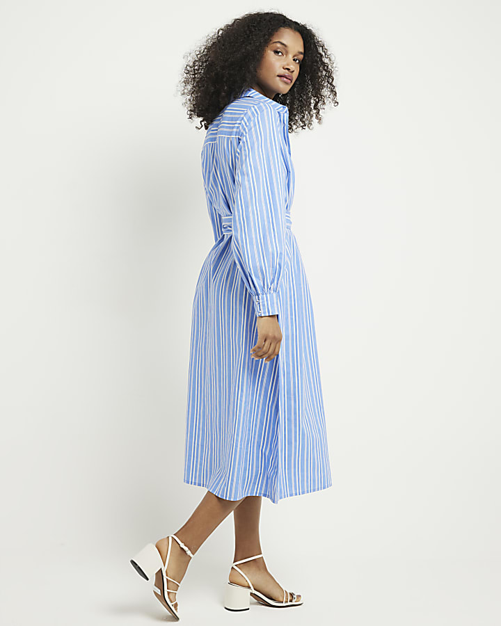 Blue balloon stripe midi shirt dress