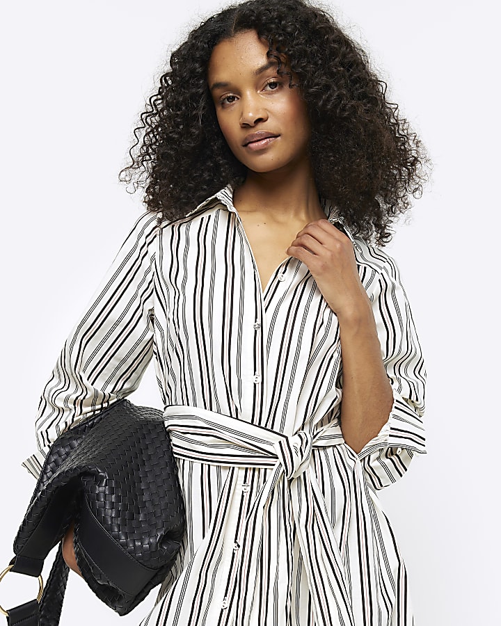 Black stripe belted midi shirt dress