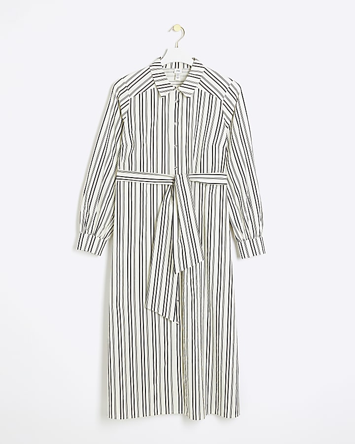 Black stripe belted midi shirt dress