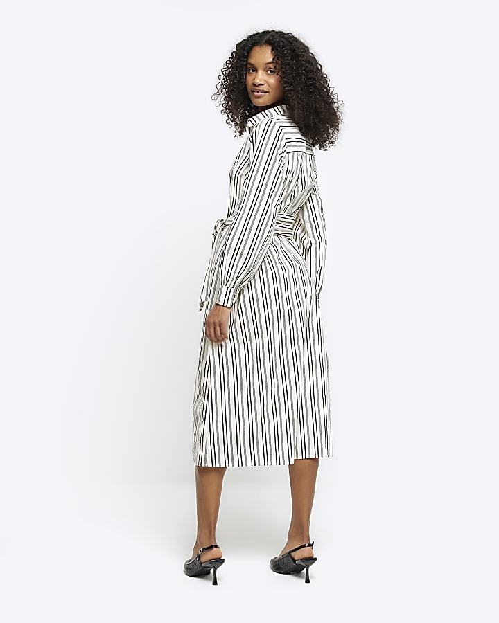 Black stripe belted midi shirt dress