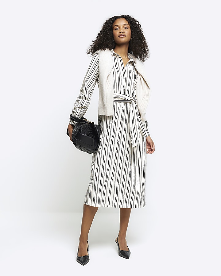 Black stripe belted midi shirt dress