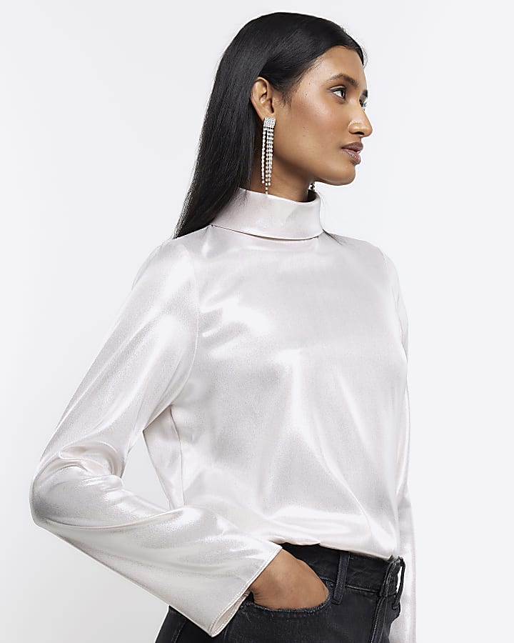 Silver high neck long sleeve blouse