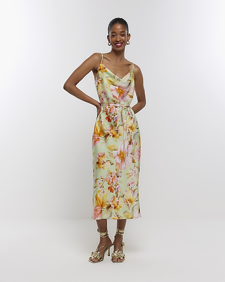 Green satin floral cowl neck slip midi dress River Island