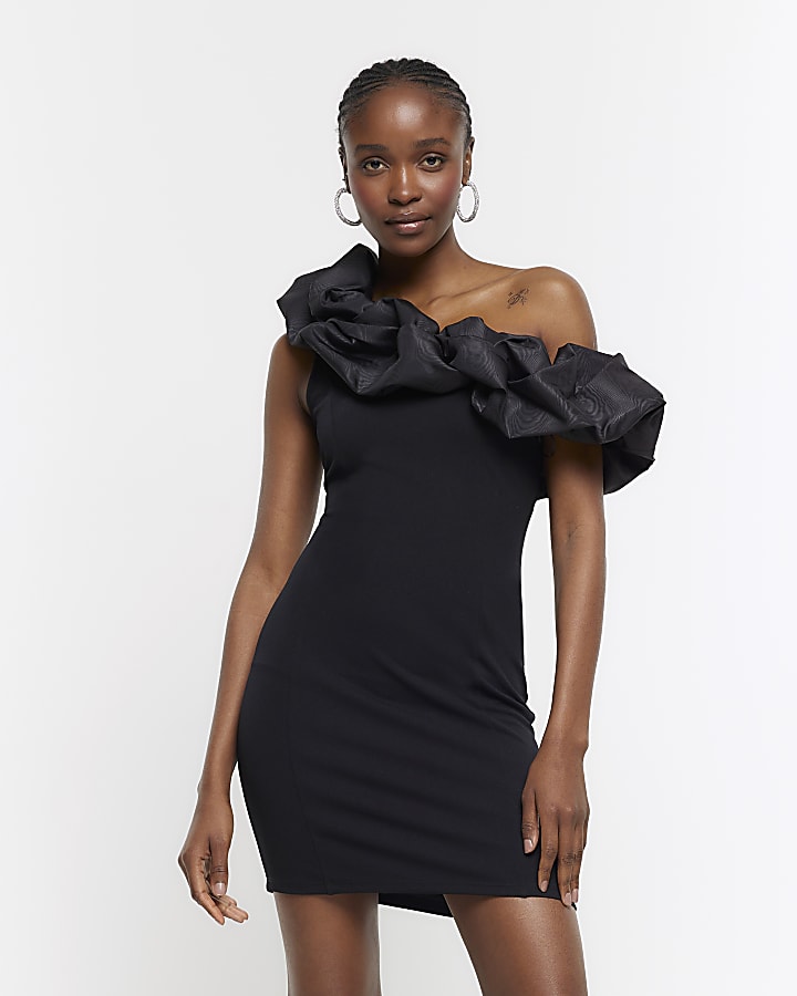 Black off shoulder bodycon mini dress River Island