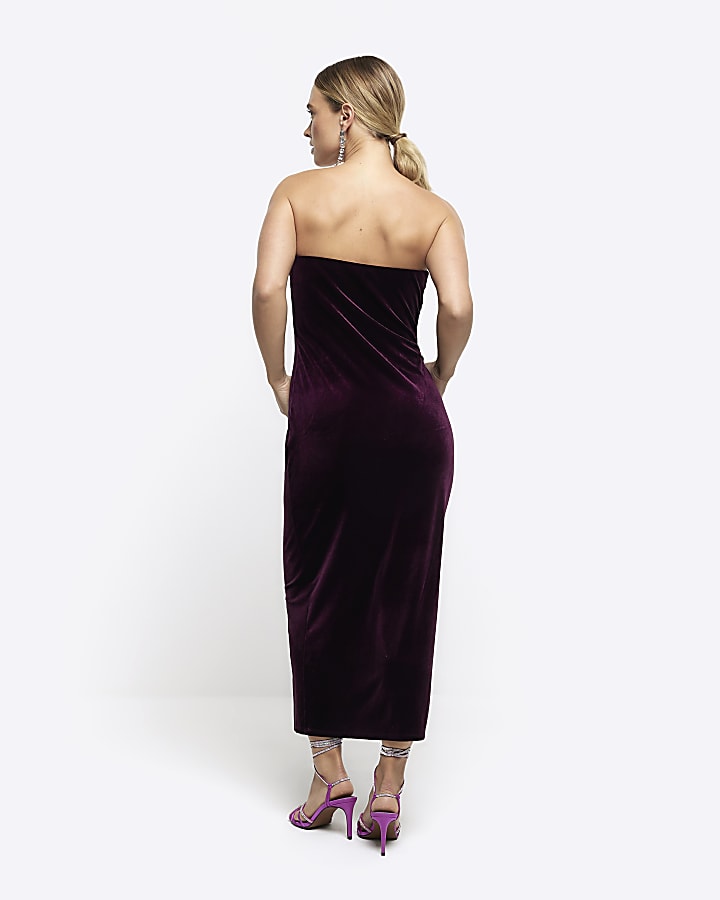 Purple velvet diamante bandeau midi dress