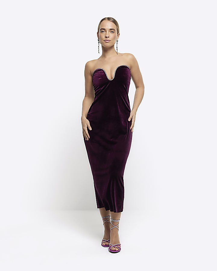 Purple velvet diamante bandeau midi dress