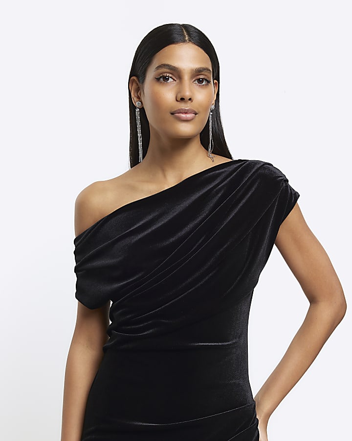 Black velvet asymmetric bodycon midi dress