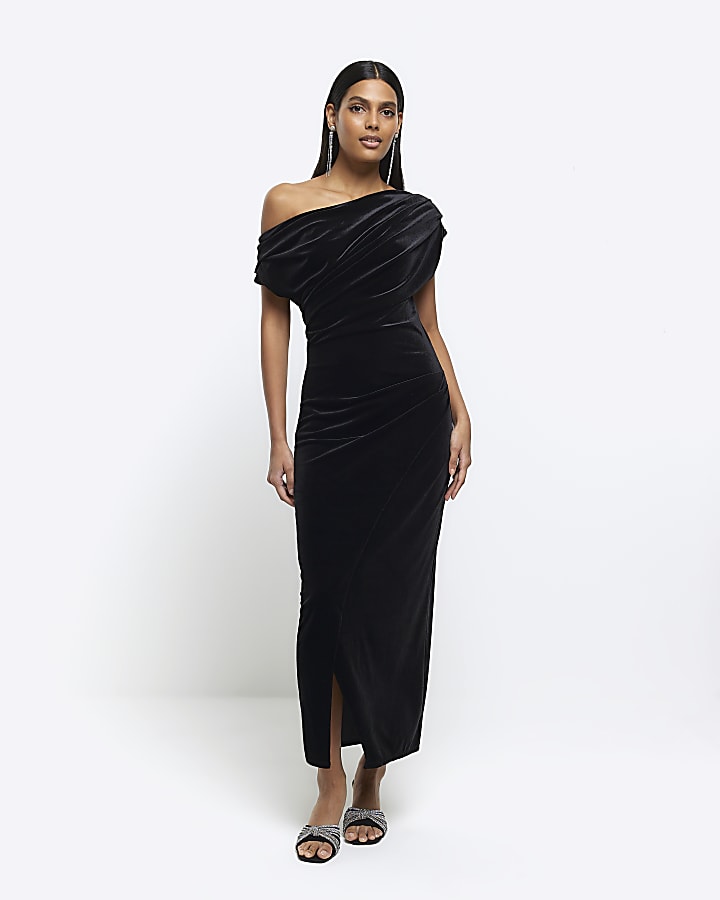 Black velvet asymmetric bodycon midi dress