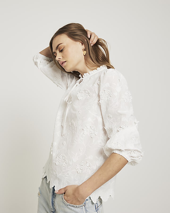 White embroidered smock top