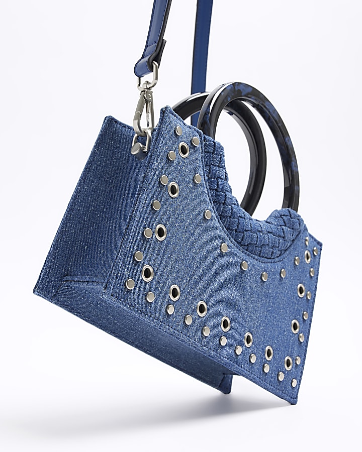 Blue denim studded cross body bag