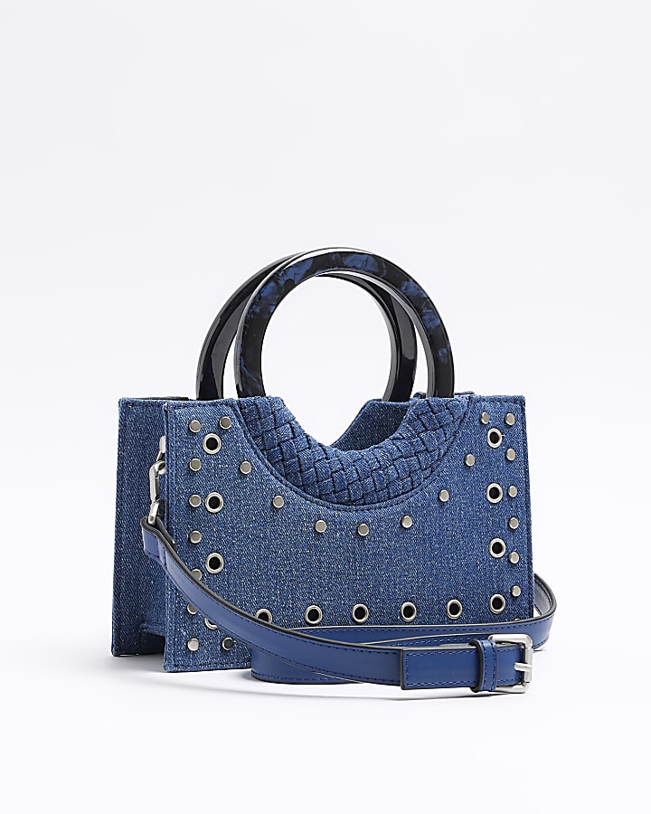 Blue denim studded cross body bag