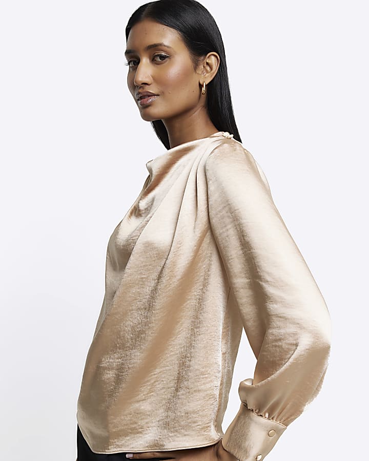 Beige satin cowl neck blouse