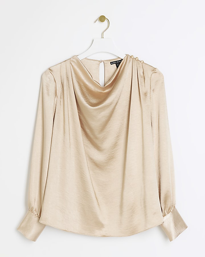 Beige satin cowl neck blouse