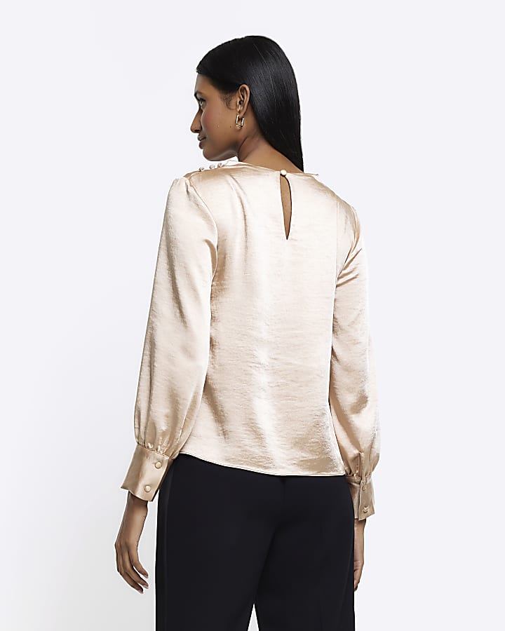 Beige satin cowl neck blouse