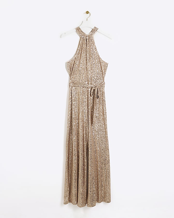 Rose gold sequin halter neck jumpsuit