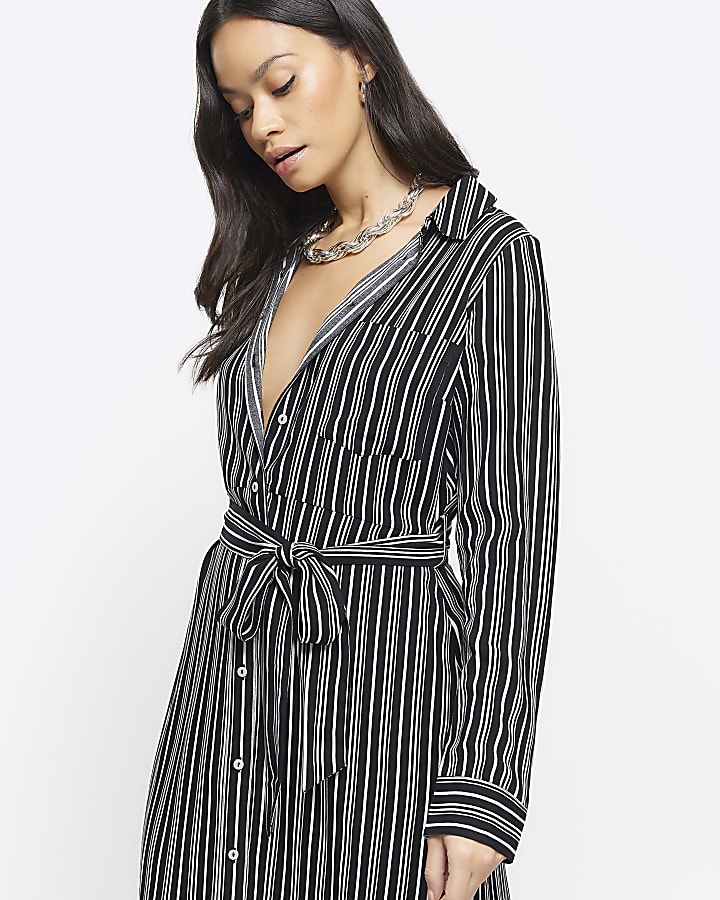 Black stripe belted midi shirt dress