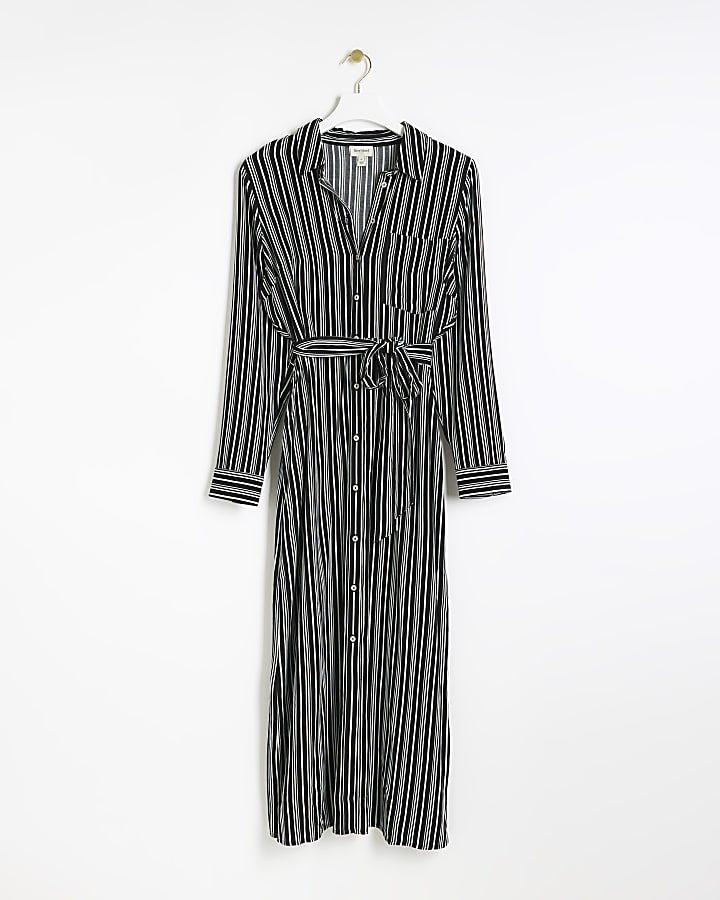 Black stripe belted midi shirt dress