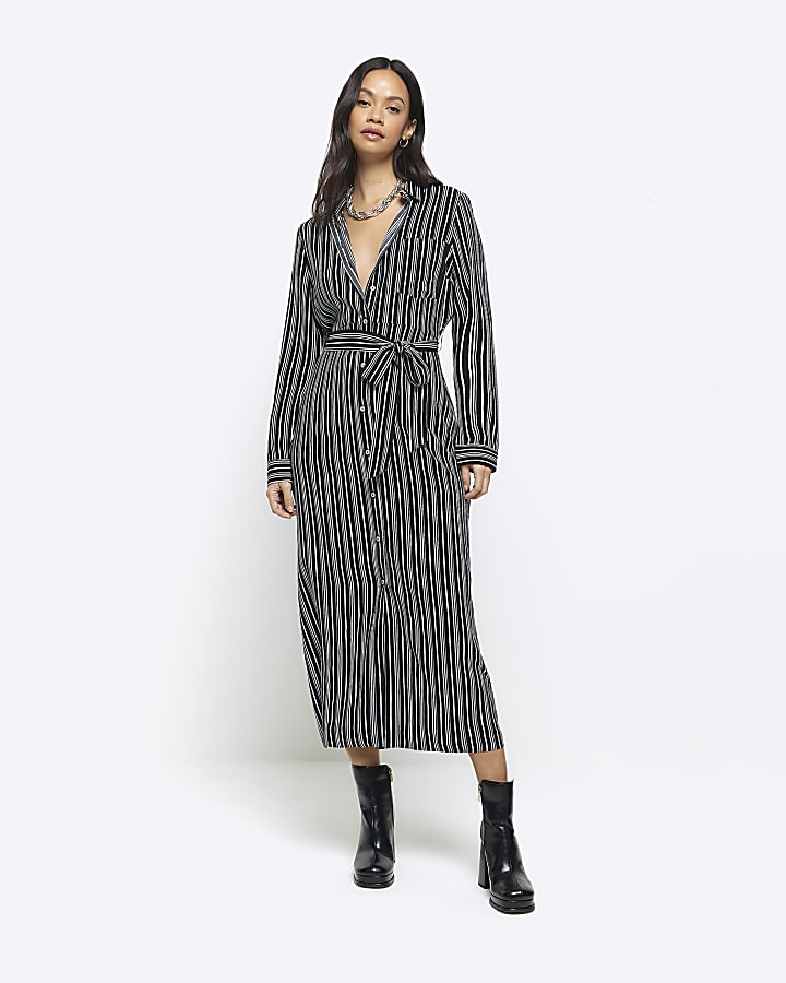 Black stripe belted midi shirt dress