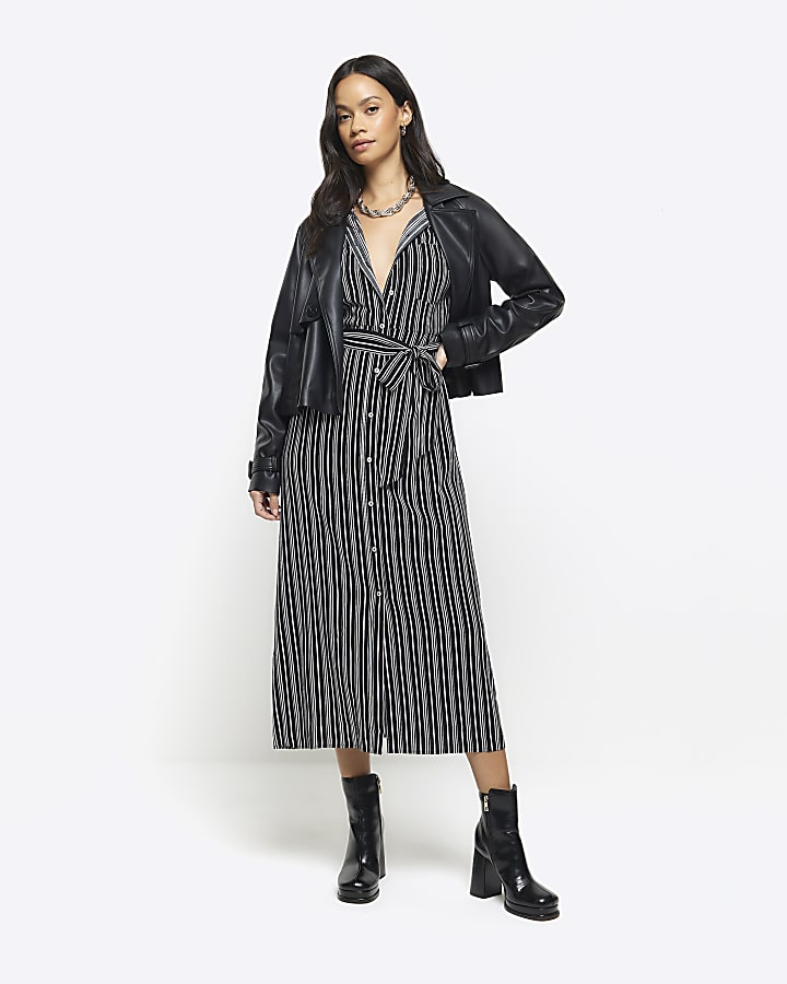 Black stripe belted midi shirt dress