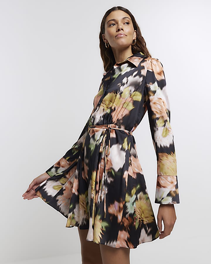 Black satin floral mini shirt dress