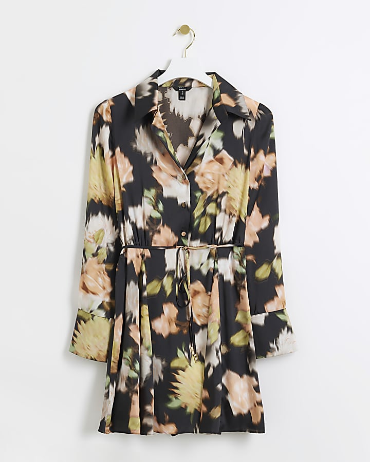 Black satin floral mini shirt dress