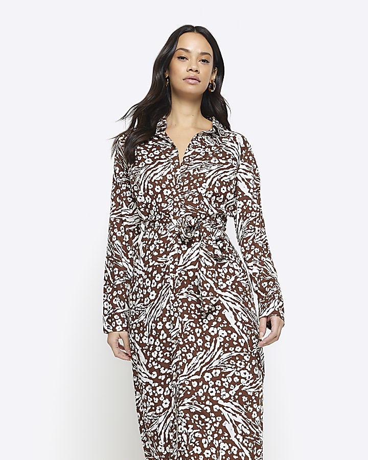 Brown floral belted midi shirt dress