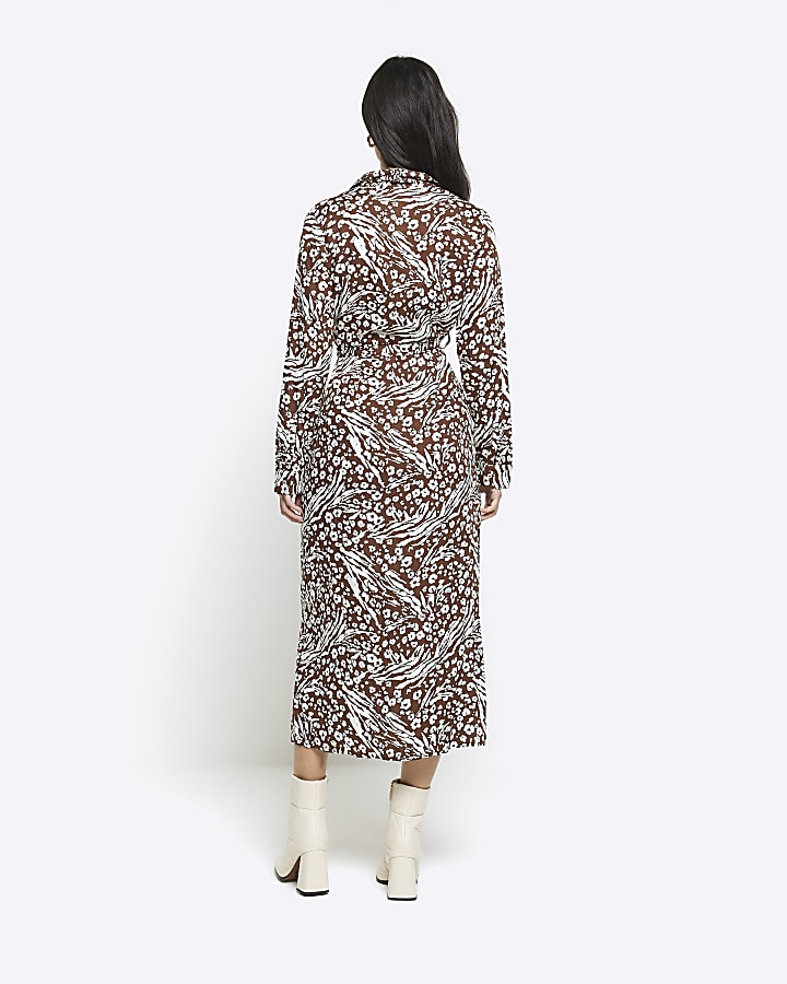 Brown floral belted midi shirt dress