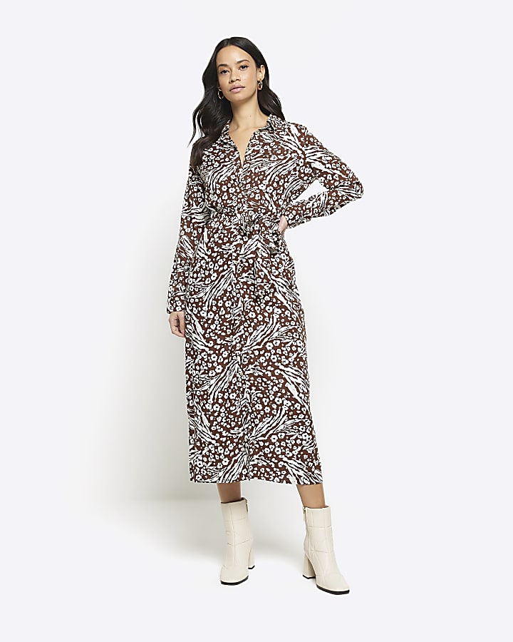 Brown floral belted midi shirt dress