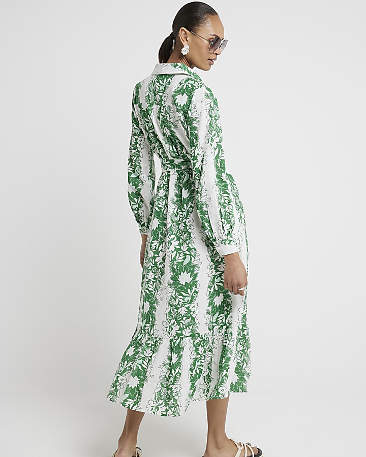 Green floral belted midi shirt dress