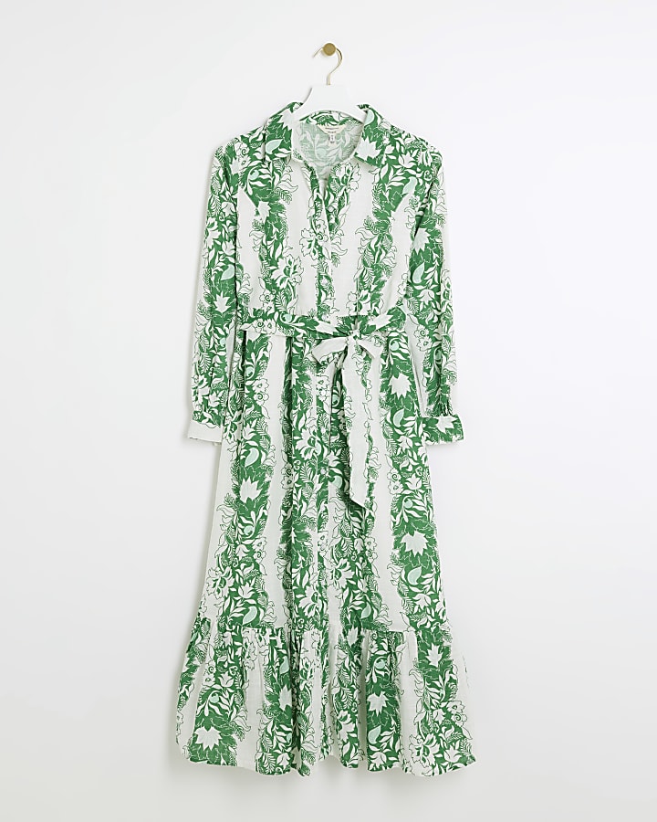 Green floral belted midi shirt dress