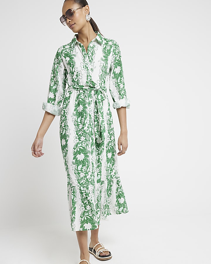 Green floral belted midi shirt dress