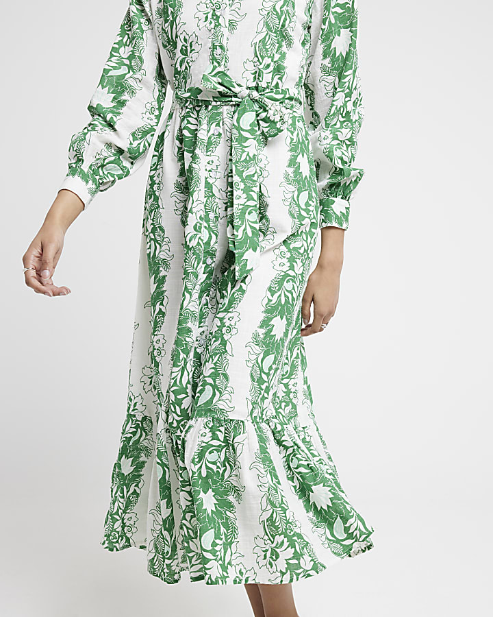 Green floral belted midi shirt dress