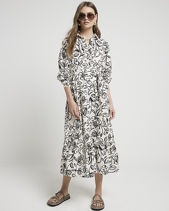 White floral belted midi shirt dress