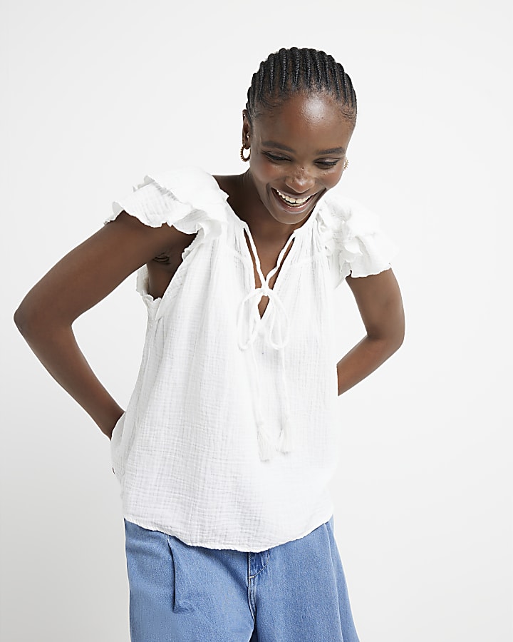 White textured frill sleeve tank top
