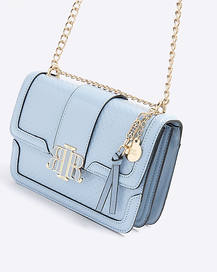 Blue embossed woven satchel bag