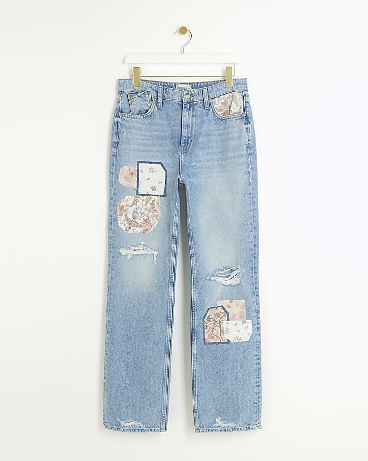 Blue patch stove pipe straight jeans