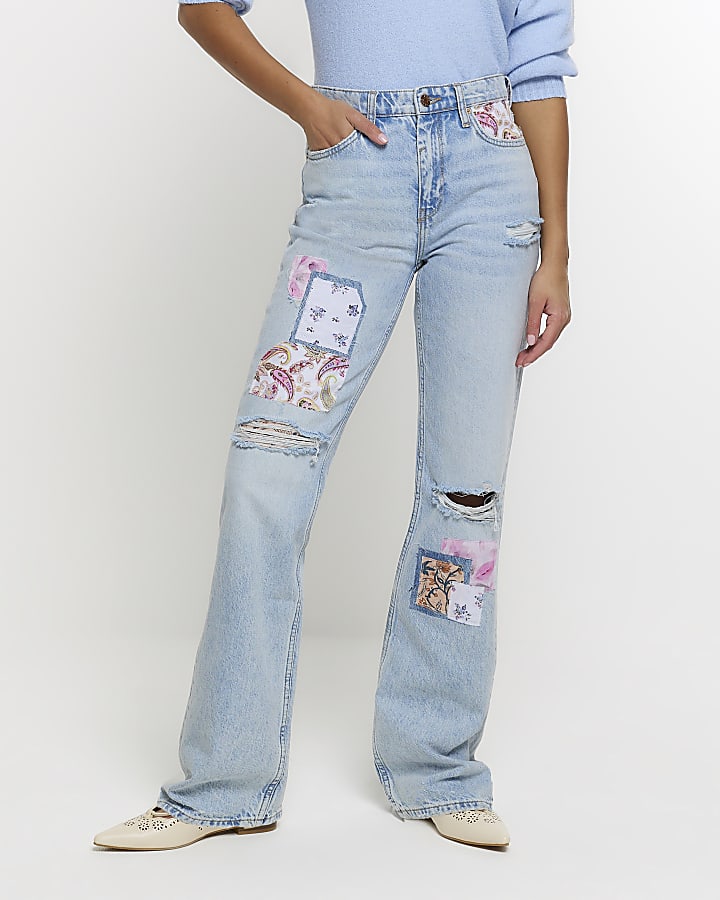 Blue patch stove pipe straight jeans