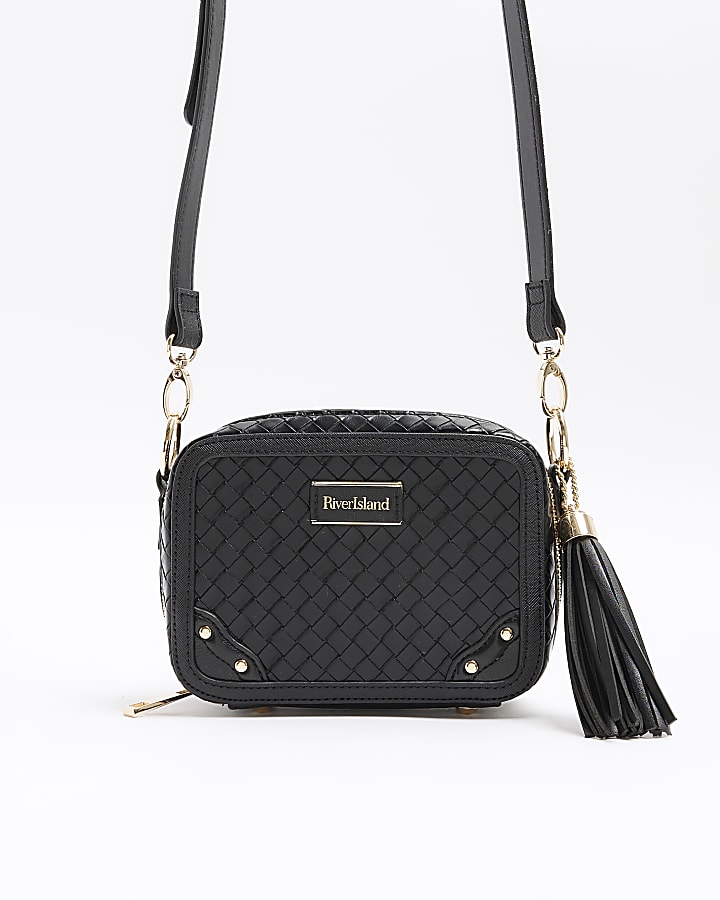 Black weave oval cross body bag River Island