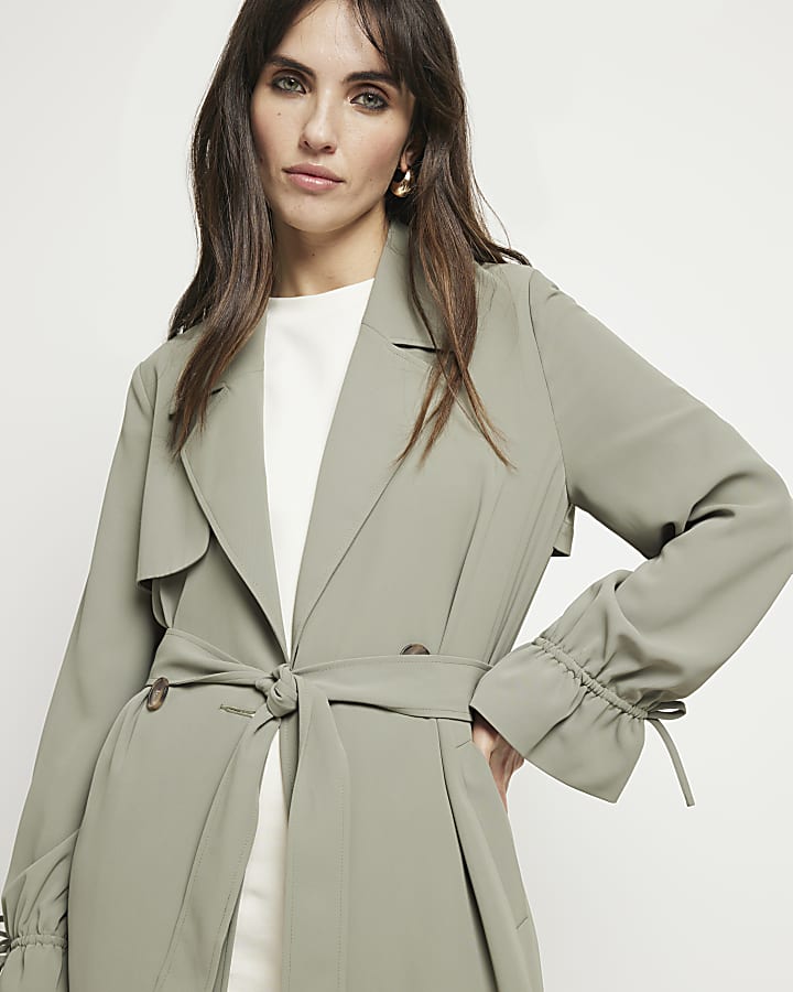 Khaki tie cuff belted duster coat