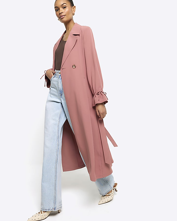 Pink tie cuff belted duster coat