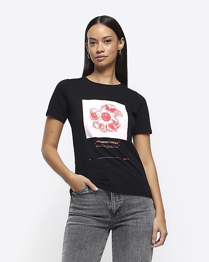 Black floral graphic t shirt River Island