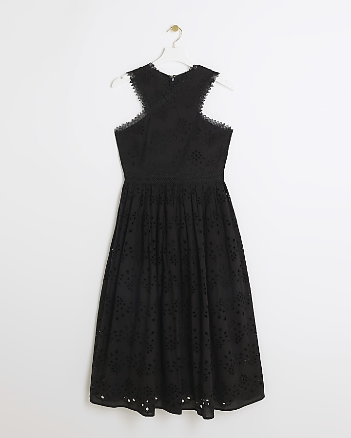 Black broderie cross neck smock midi dress