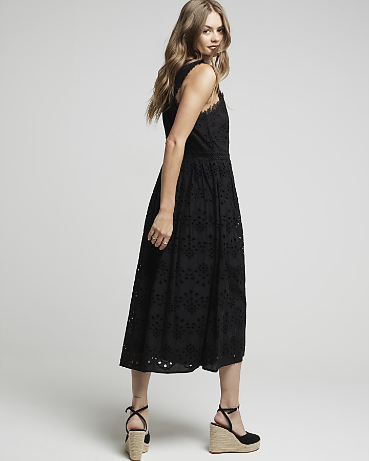 Black broderie cross neck smock midi dress