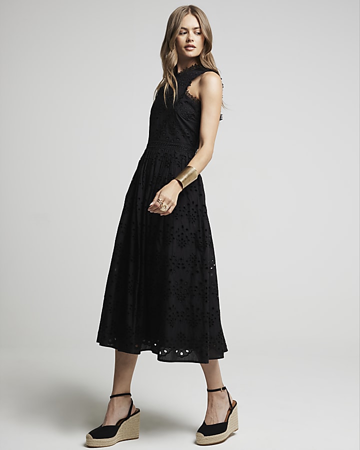 Black broderie cross neck smock midi dress