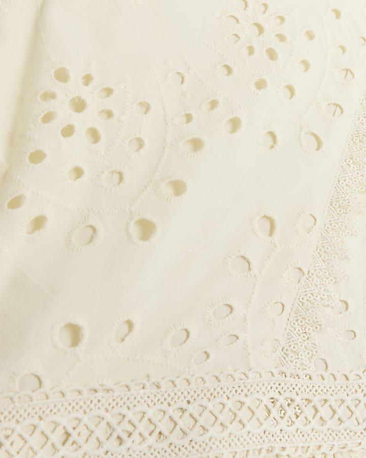 Beige broderie cross neck smock midi dress
