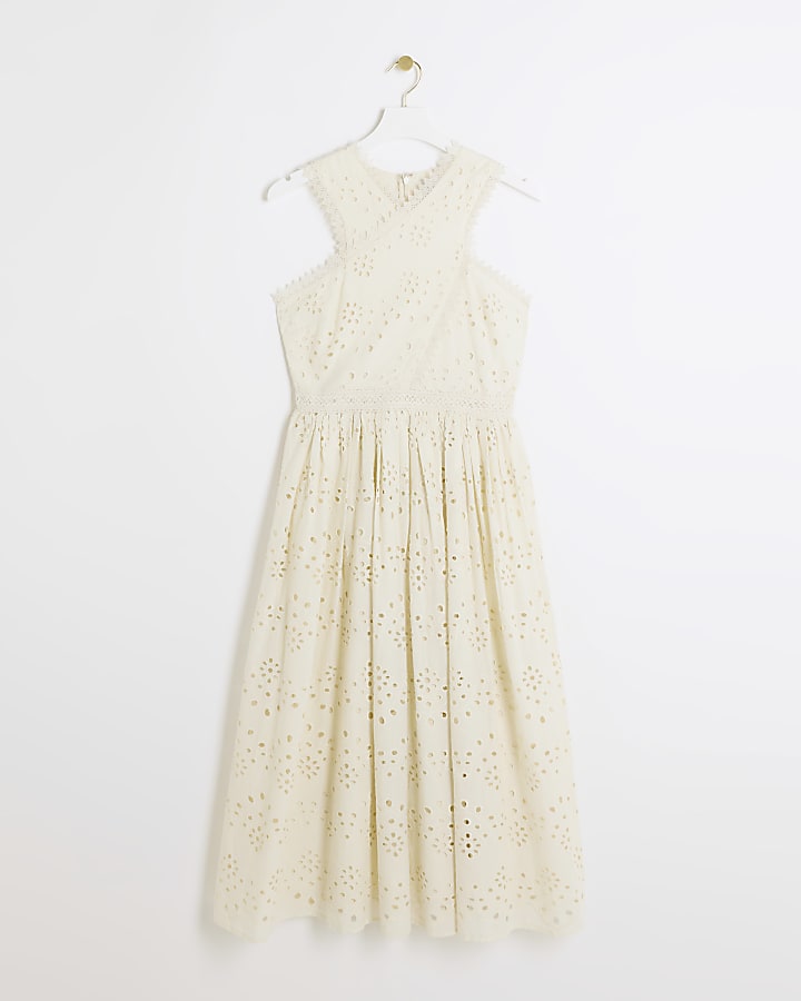 Beige broderie cross neck smock midi dress