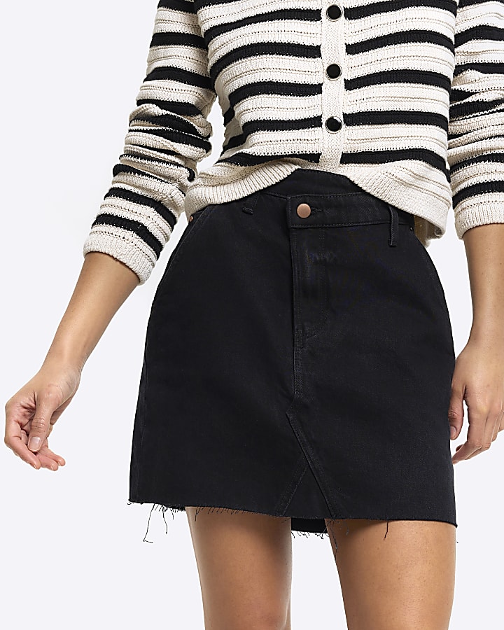 Black asymmetric waist denim mini skirt