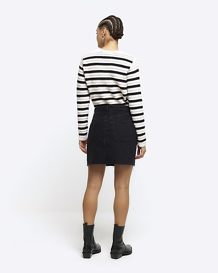 Black asymmetric waist denim mini skirt