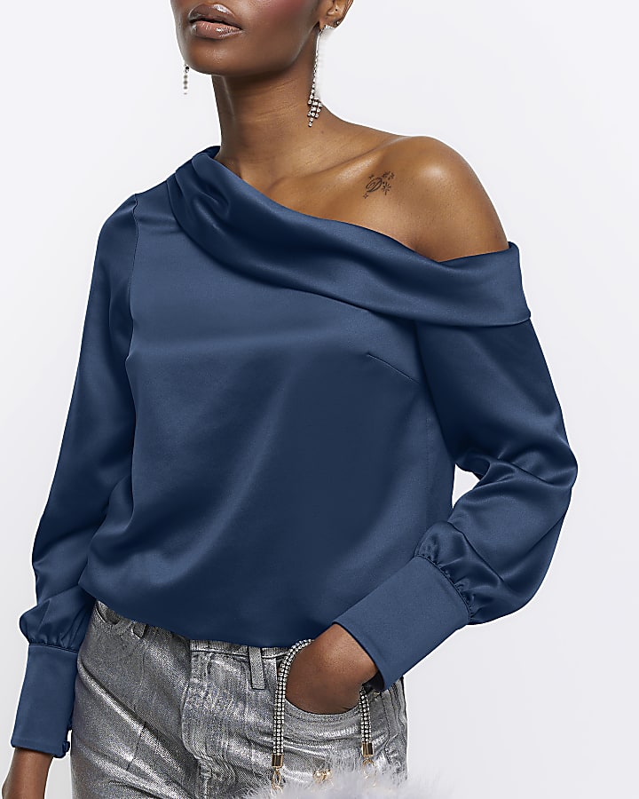 Blue satin off shoulder top