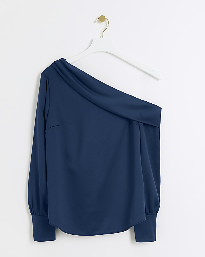 Blue satin off shoulder top